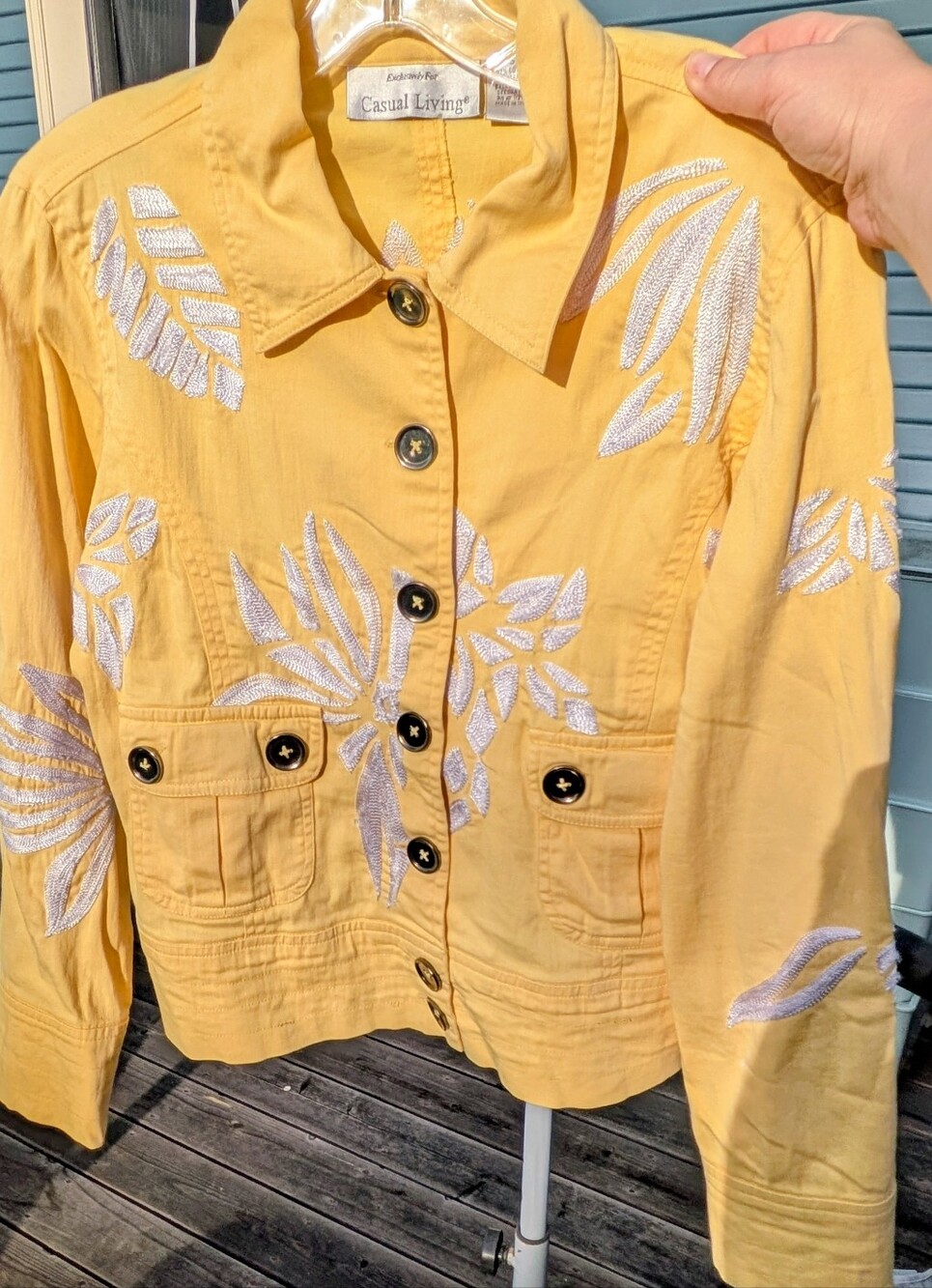Vintage Casual Living Yellow Embroidered Trucker Jacket Leaf Print Boho 90s Fall